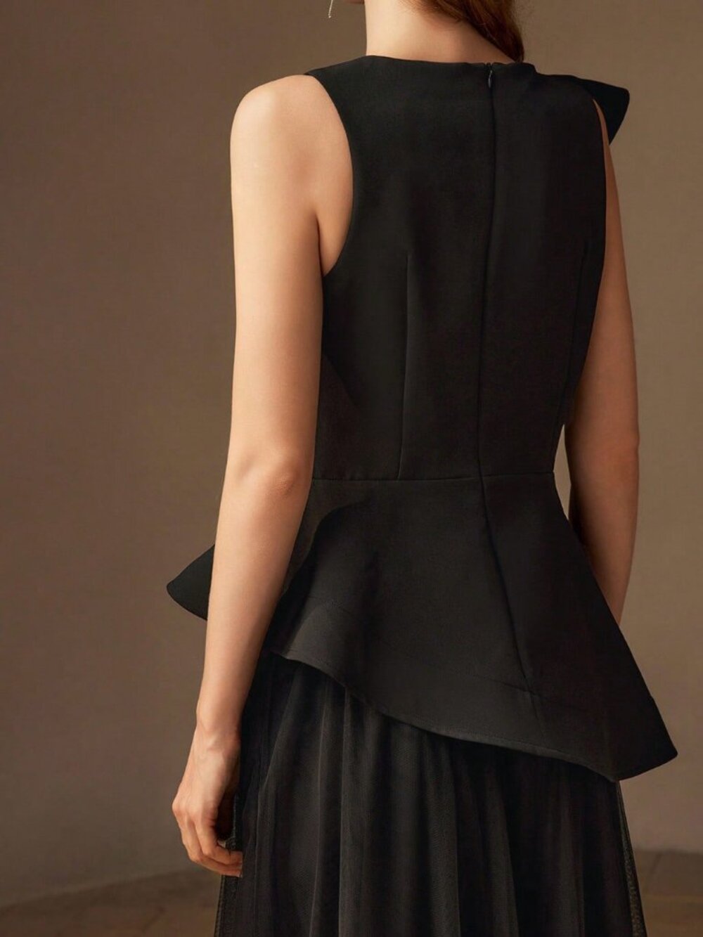 Black Elegant Women's Premium Layered Ruffle Trim Asymmetrical Hem Peplum Top - Picture 4 of 10
